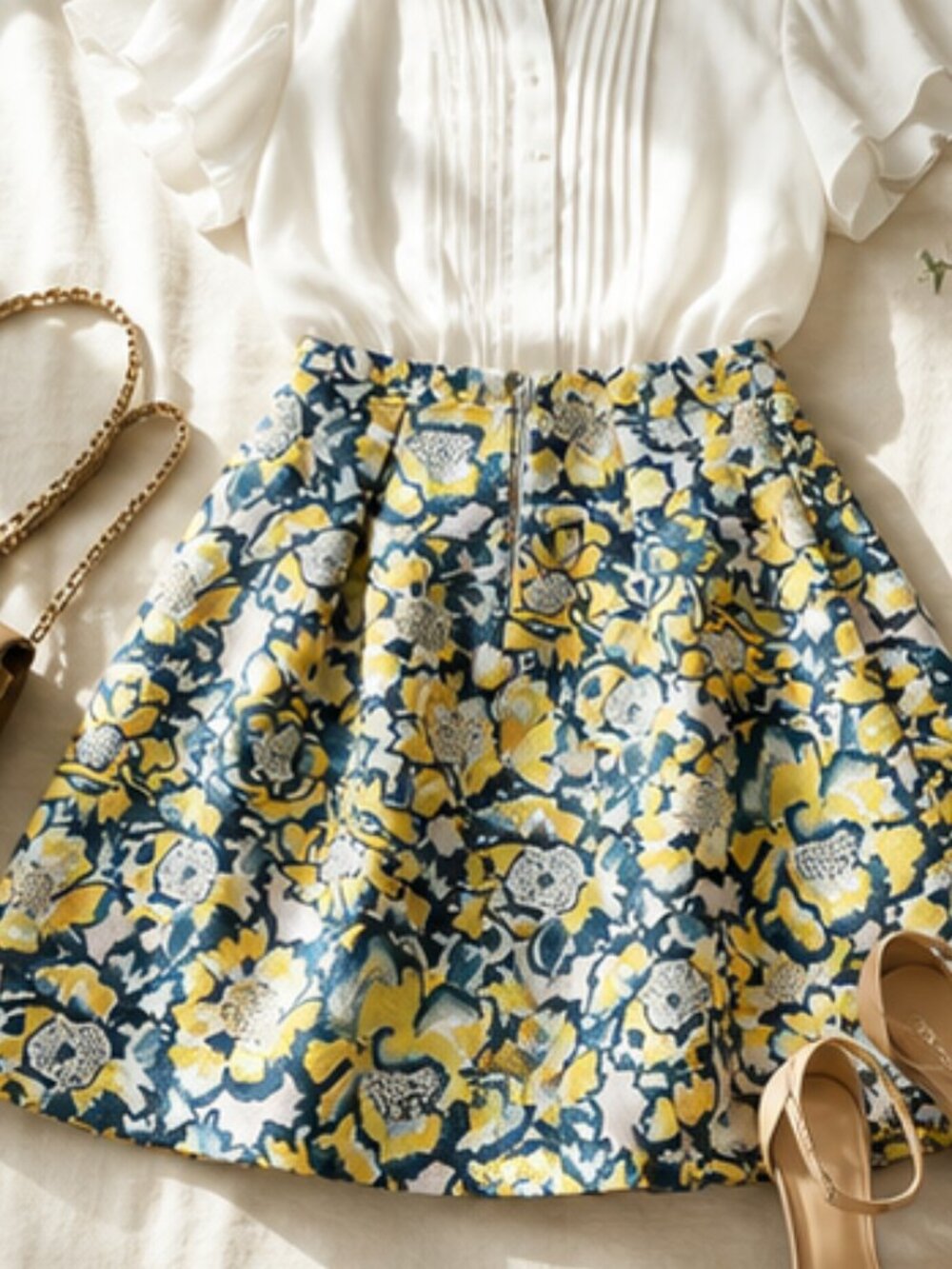 VTG H&M A‑Line Pleated Jacquard Floral Skirt – Yellow/Blue – Size 10